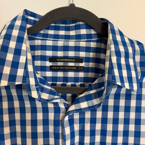 Club Monaco Gingham Button Down Shirt Plaid Textured Mens Slim L white blue - Picture 2 of 8